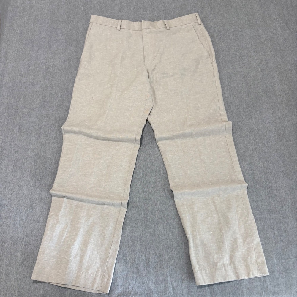 Cubavera Mens 34x30 Linen Blend Flat Front Dress Pants Beige Tan SU 34331